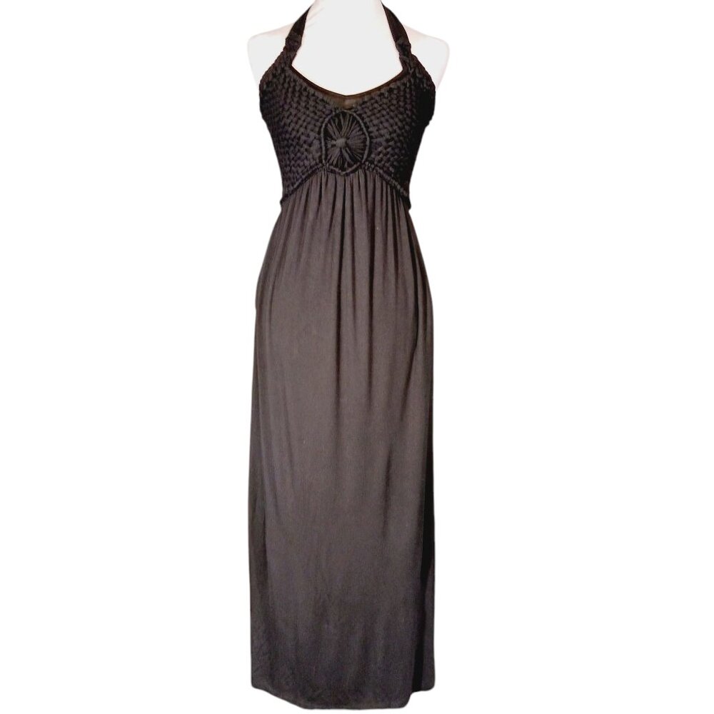 Soma, Black Maxi Halter Dress, Crochet Bodice, Smocked Back, Super Soft, XS Boho - Picture 3 of 12